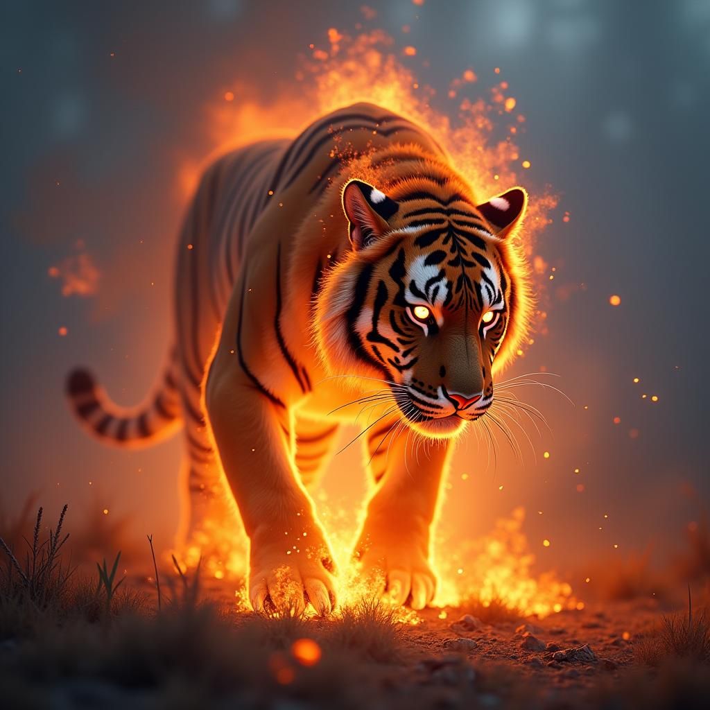 Fiery Tiger in Mystical Inferno, Digital Painting
