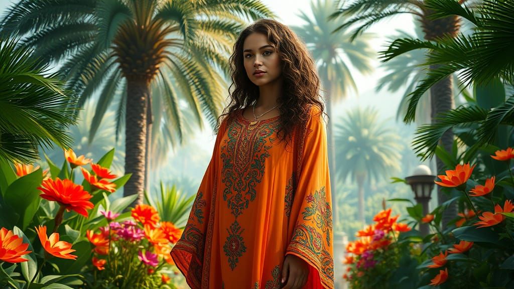 Surreal Woman in Futuristic Garden with Intricate Embroidery