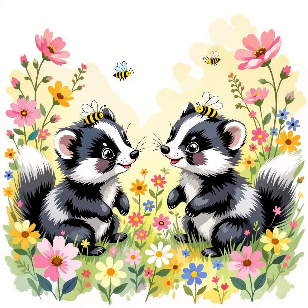 Baby Skunks Playing with Bees in Watercolor