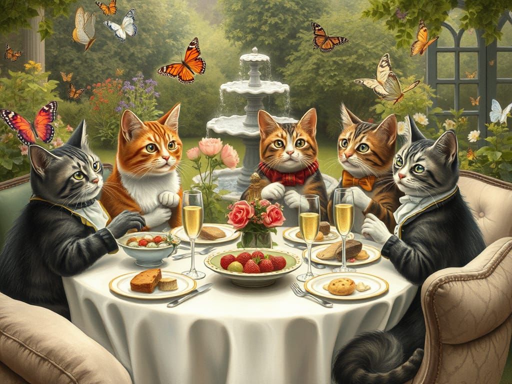 Feline Gentry in Whimsical Garden Settings