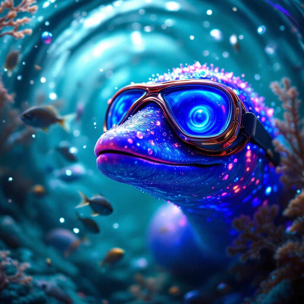 Smiling Electric Eel in Copper Goggles: Hyperrealistic Close...