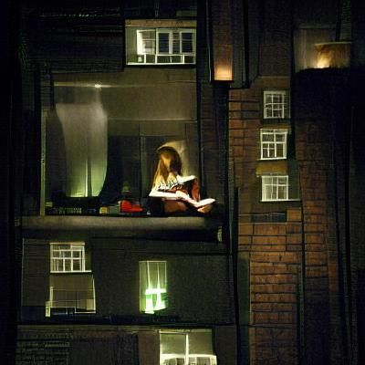 Girl Reads Book in London Apartment at Night