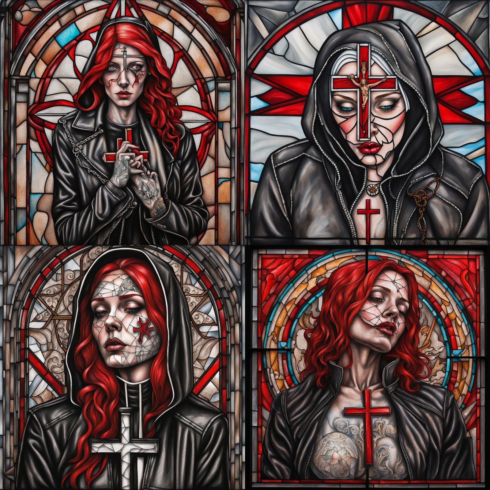Stained Glass Nun with Tattoos in Charcoal Style