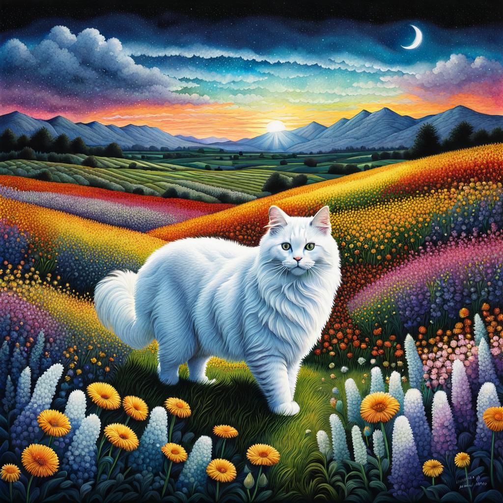 Fluffy white beautiful cat Frolicking in a field of flowers ...