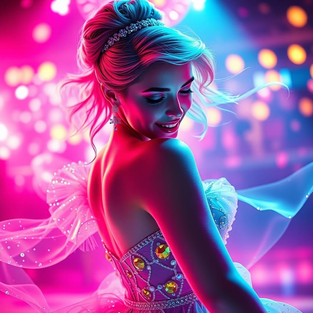 Cinderella's Neon Dance: Art Nouveau Digital Art