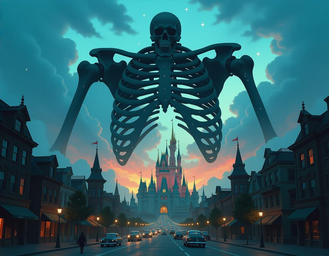 Metropolis in Celestial Ribcage: A Dark Fantasy Cityscape