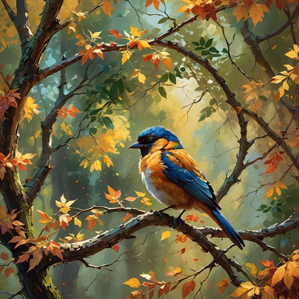 Majestic Autumn Tree Bird in Fantasy Landscape