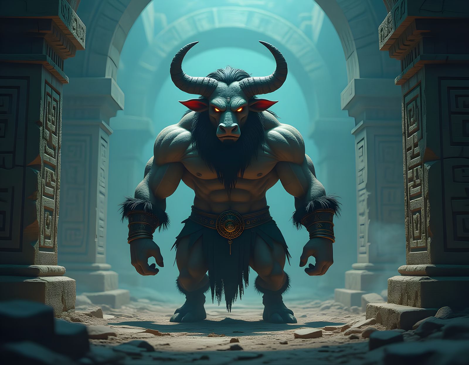 Minotaur in Ancient Temple with Neon Labyrinth - Dark Art St...