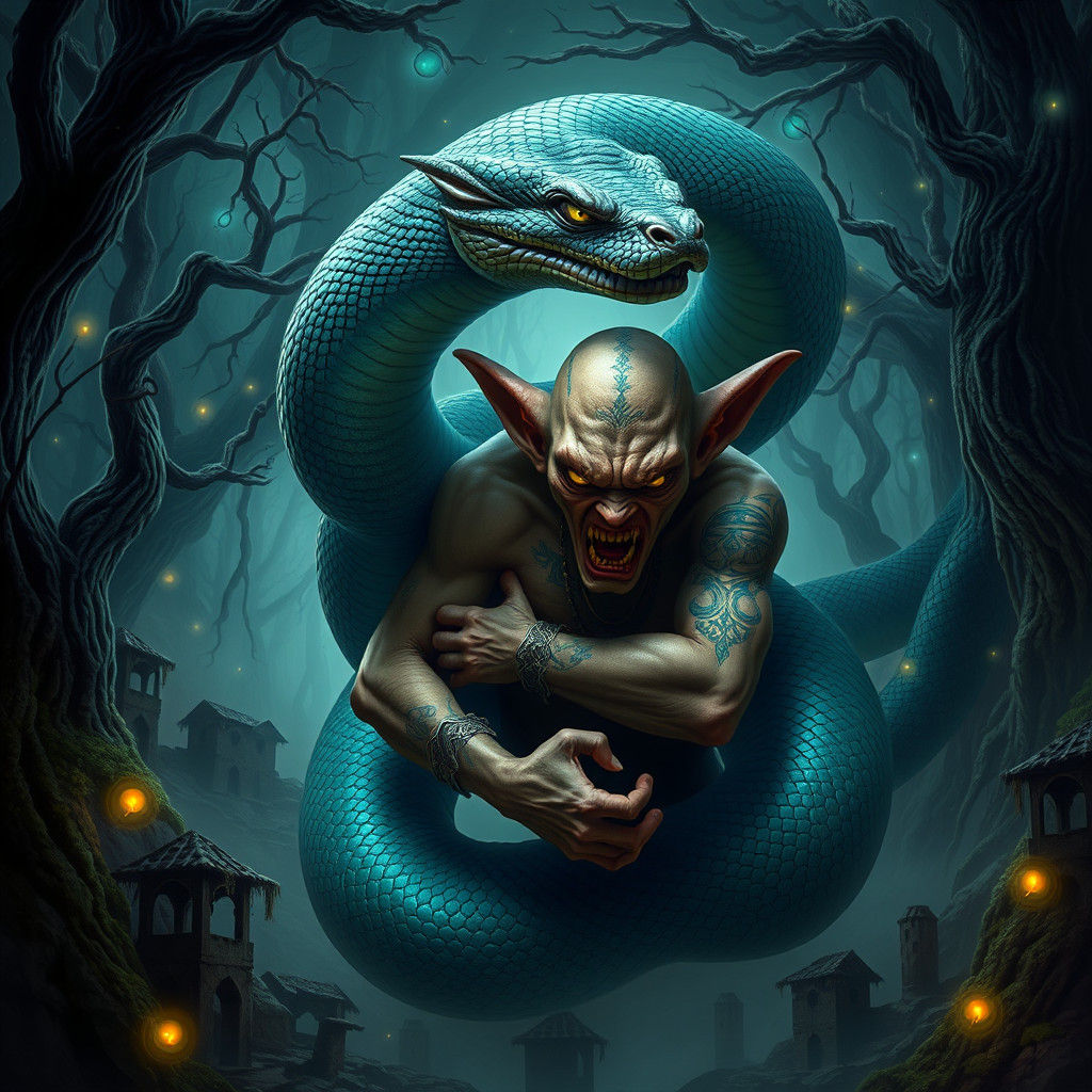 Serpent and Goblin in Mystical Forest, Detailed Matte Painti...