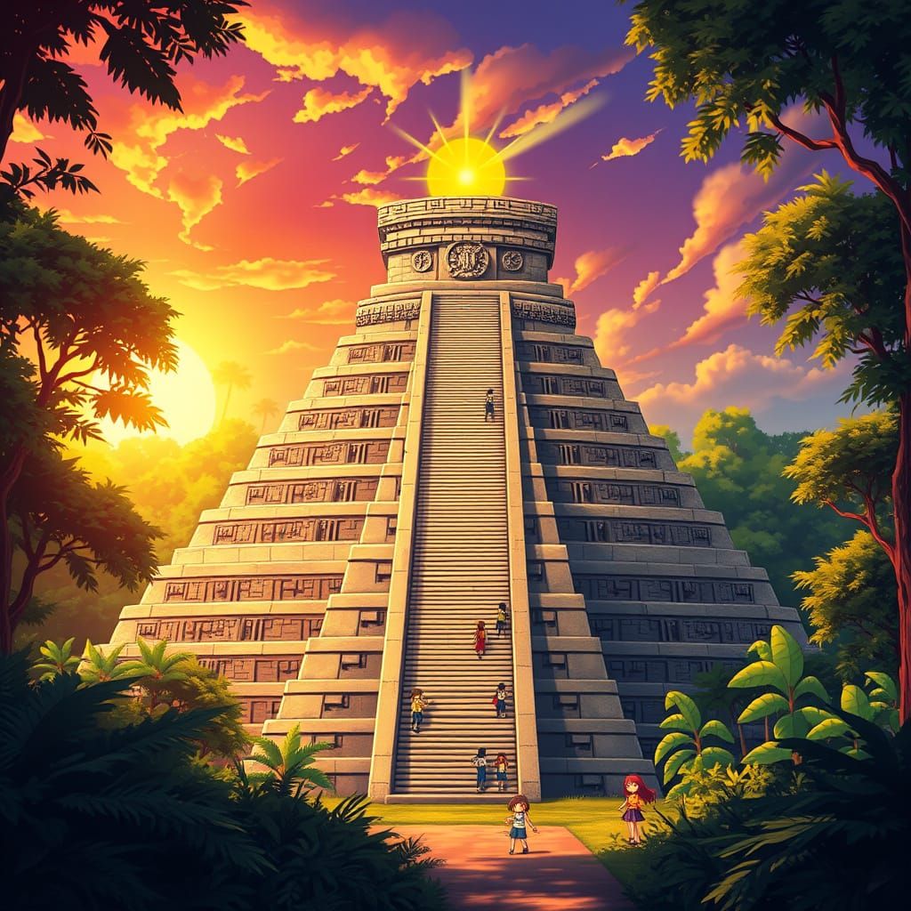 Ancient Mesoamerican Pyramid in Vibrant Anime Style