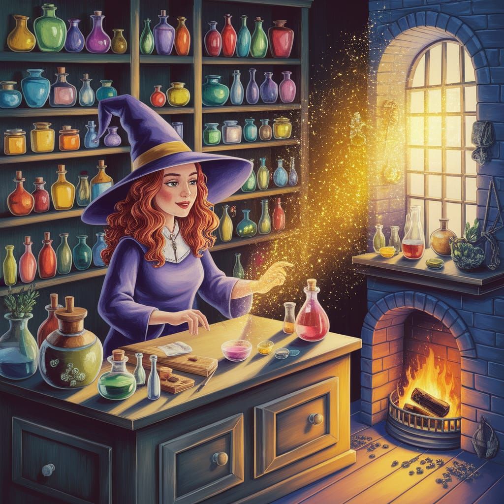 Charming Witch in Cozy Potions Shop, Gouache Painting