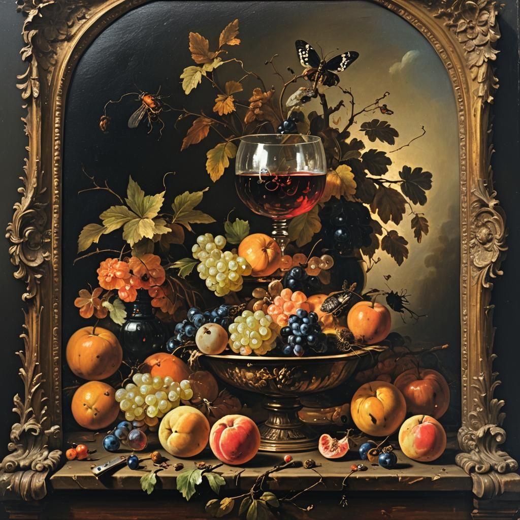 Baroque Still Life with Decaying Fruit and Wine