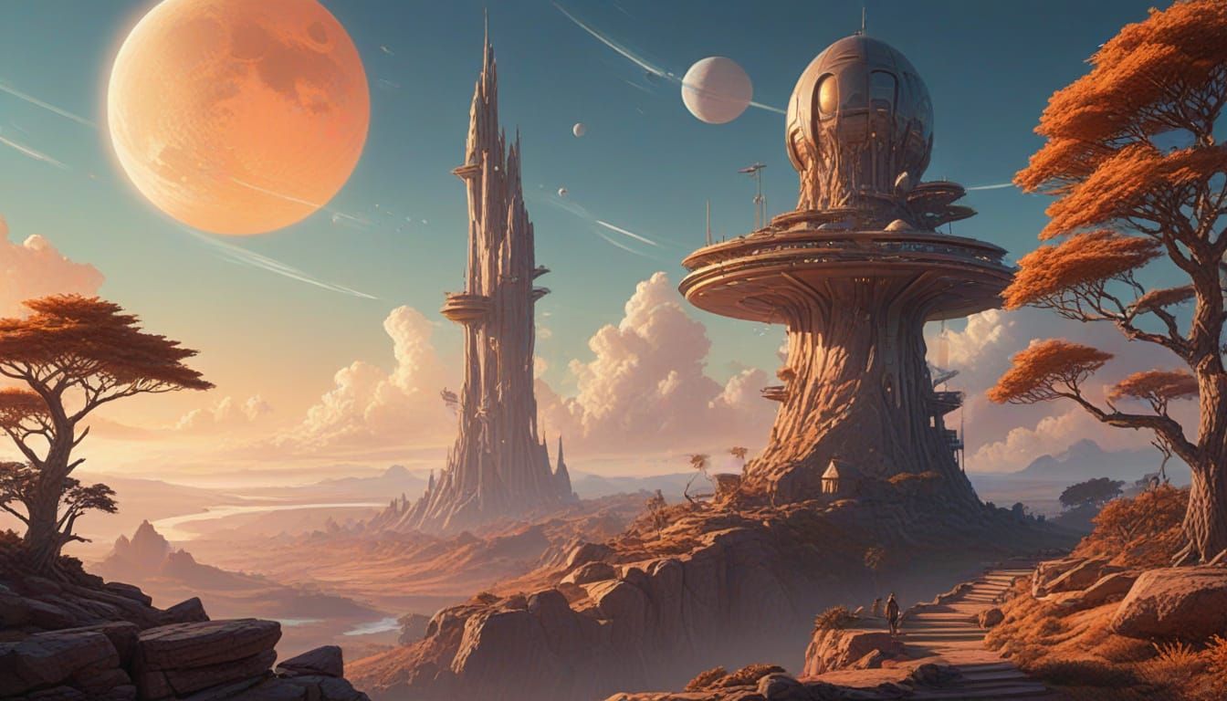 Surreal Futuristic Cityscape with Alien Trees and Space Ship...