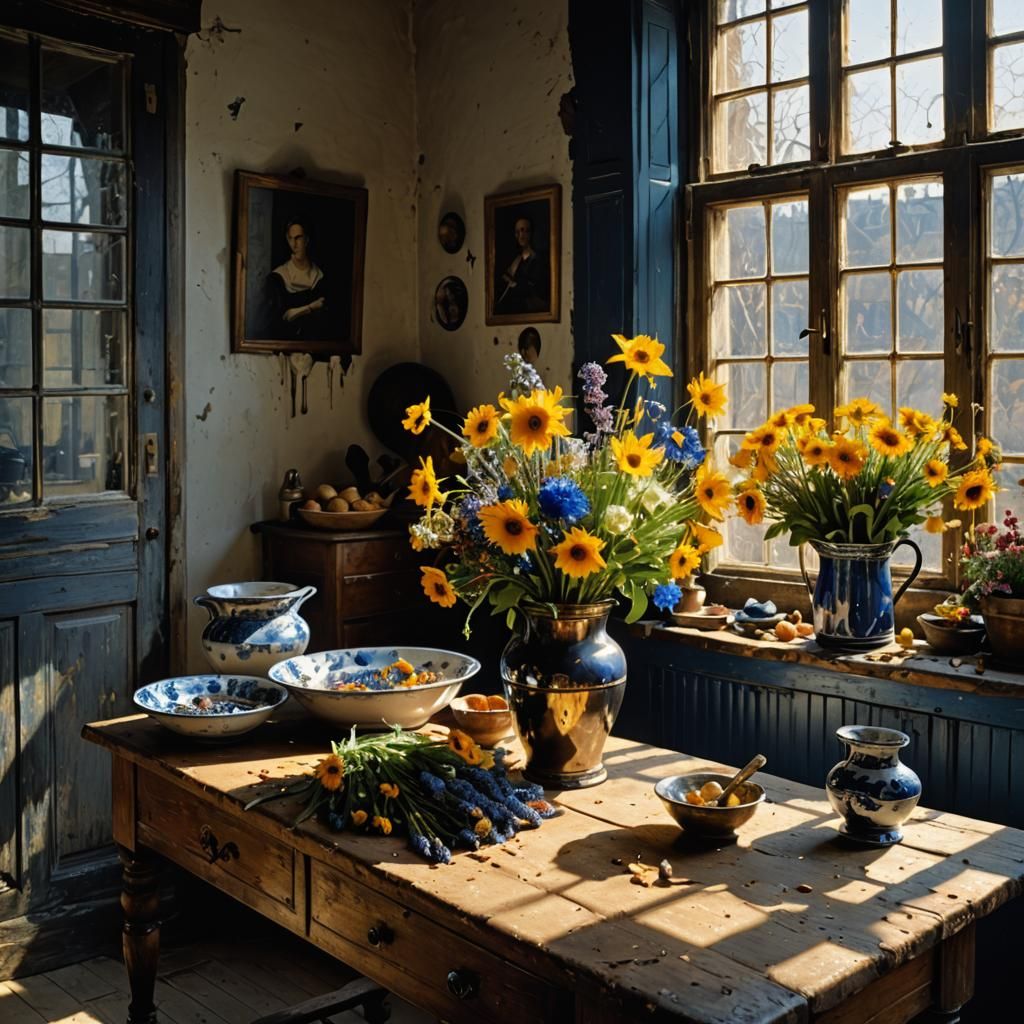 Golden and Blue Flowers by Window: Magical Realism