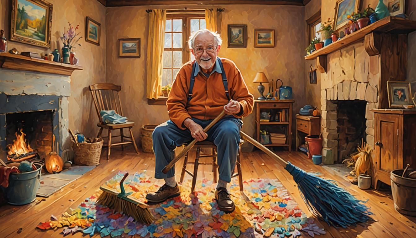 Grandpa Mike's Whimsical Battle, Oil Painting