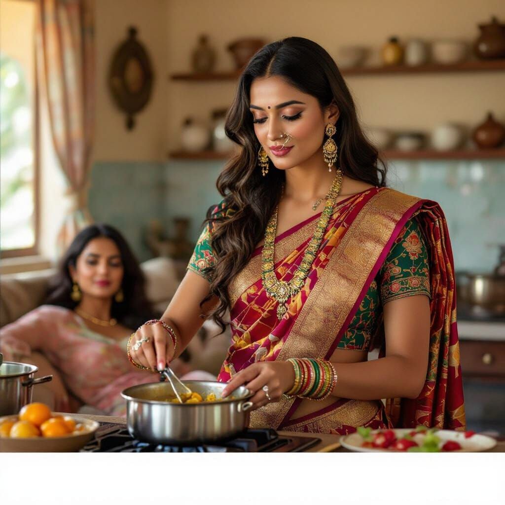 Man in Saree Cooking, Inspired by Indian Art