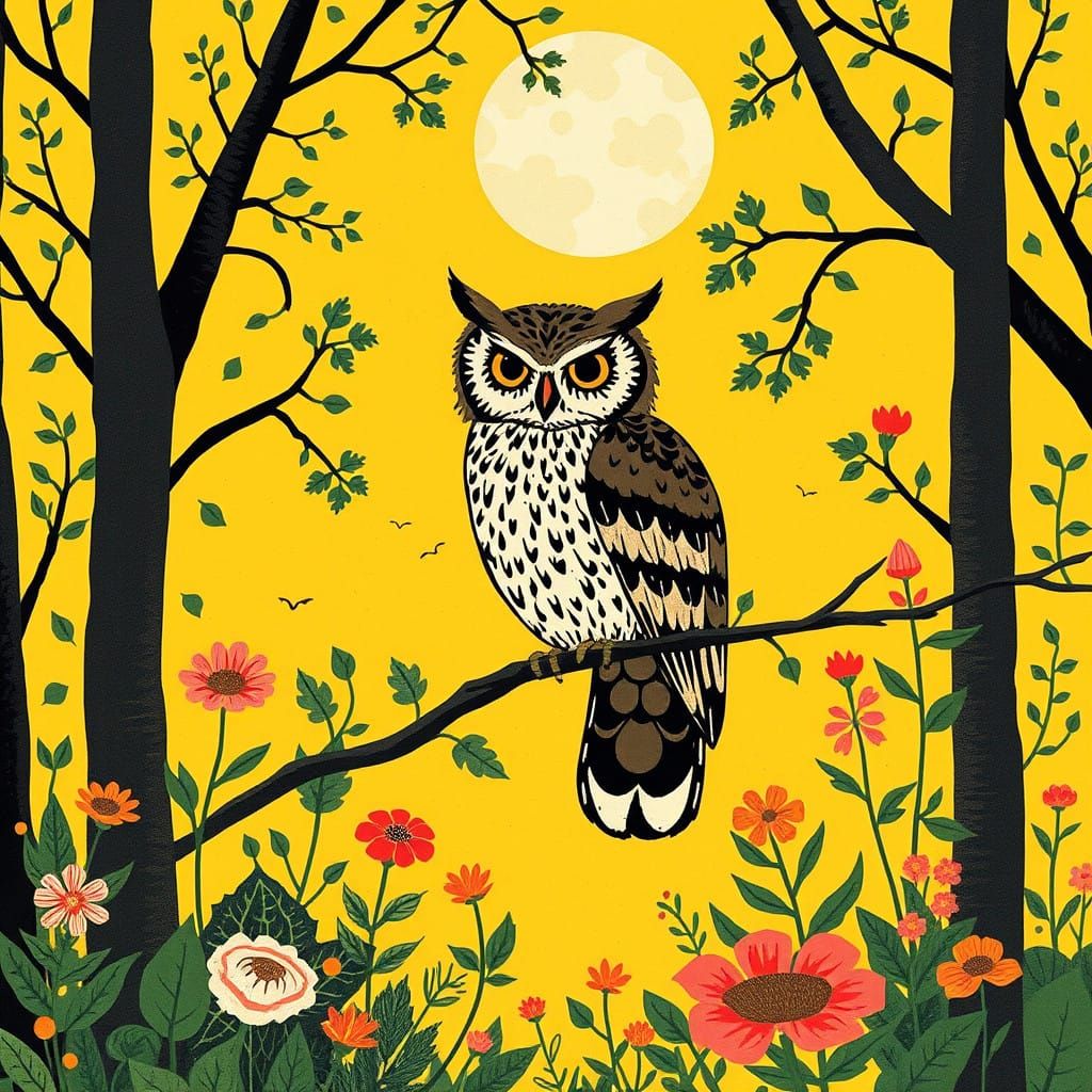 Surreal Nature Scene in Geometric Folk Art Style