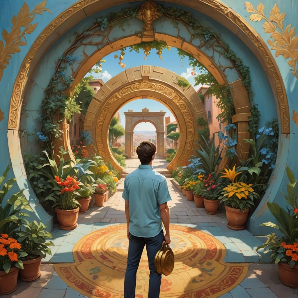 Man Gazing at Vibrant Portal to the Past