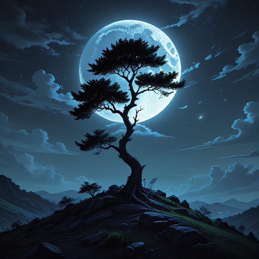 Ethereal Tree Silhouette Under Celestial Light
