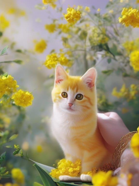 Adorable Yellow Kitten in a Sunny Flower Garden