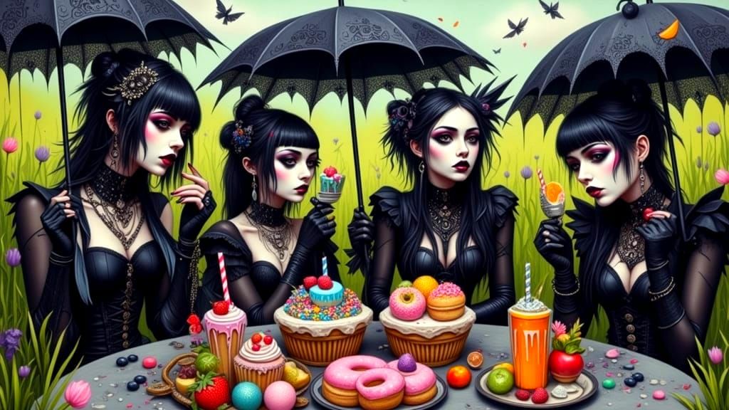 Goths Enjoying a Colorful Picnic in Sunny Meadow