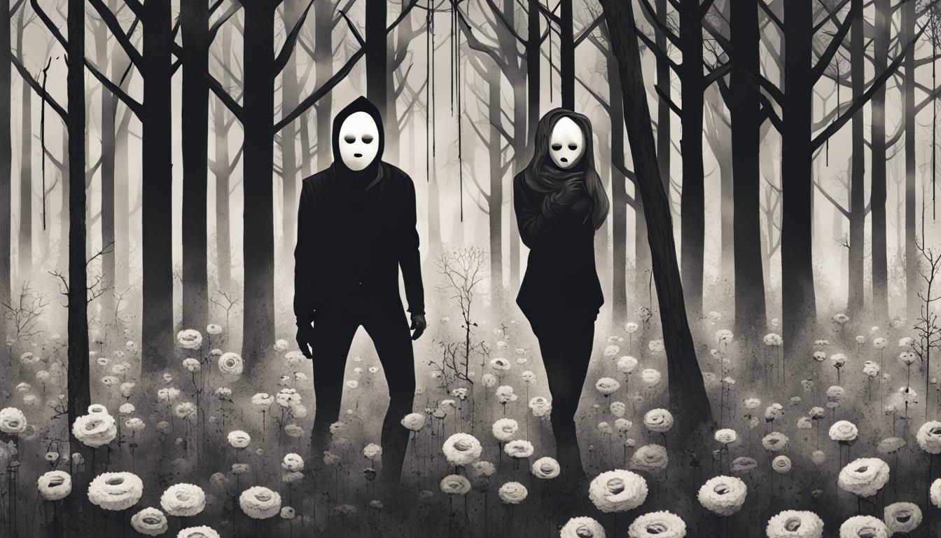 Eerie Album Art with Masks and Floral Details