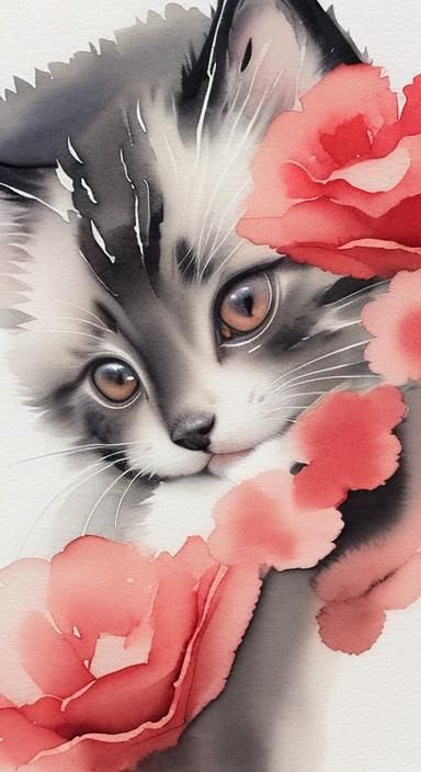 Watercolor Kitten Close-Up with Flowers