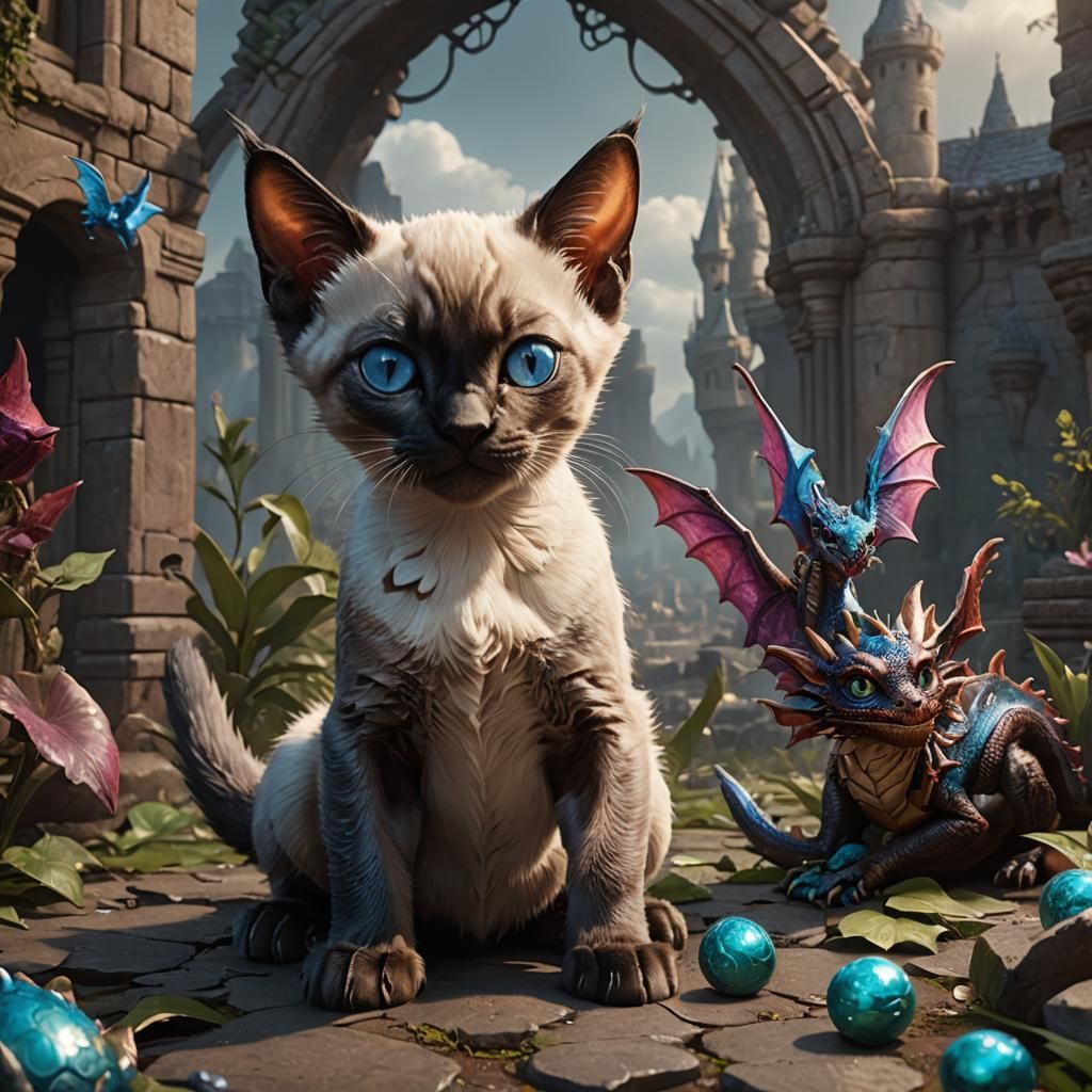Siamese Kitten and Baby Dragon Fantasy Art