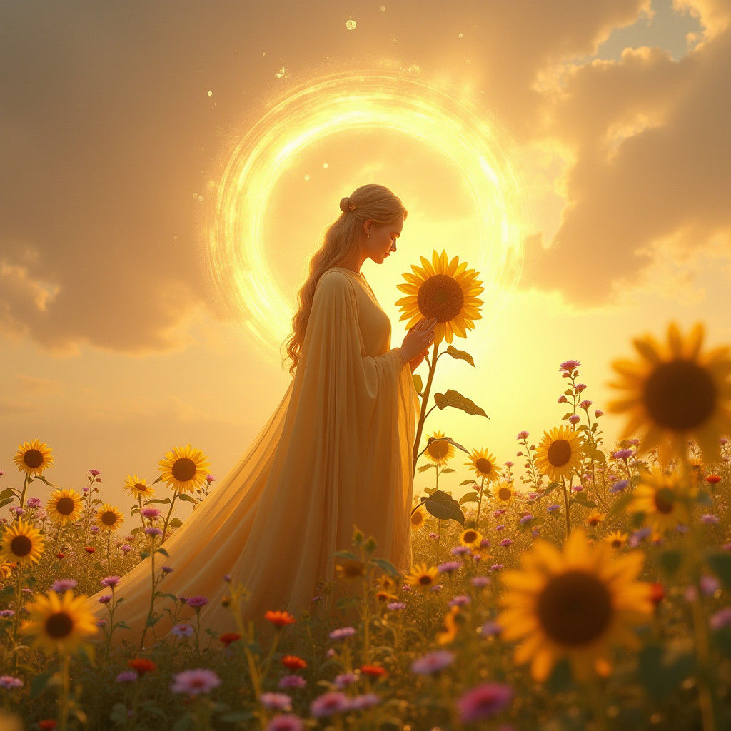 Radiant Golden Figure with Sunflower in Dreamy Meadow