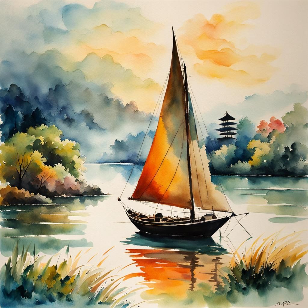 Sailboat on Water in Gouache Style Watercolor
