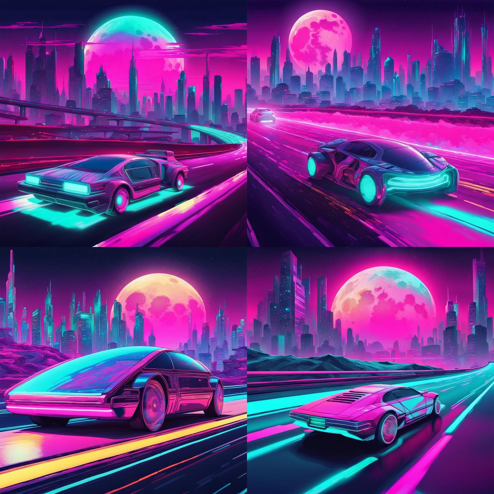 Cyberpunk Car on Neon Highway at Night