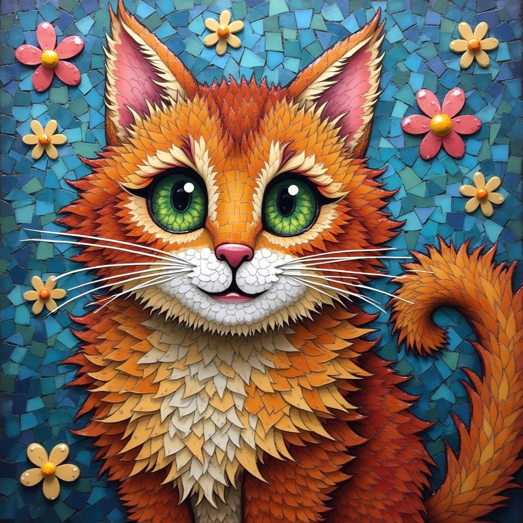 Mosaic Art: Whimsical Fluffiest Cat Portrait