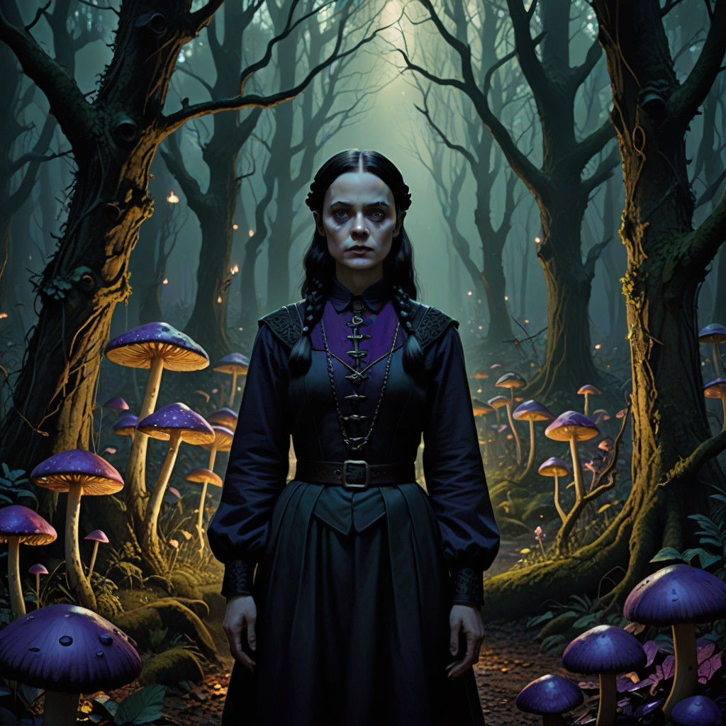 Wednesday Addams in a Dark Whimsical Fantasy Realm