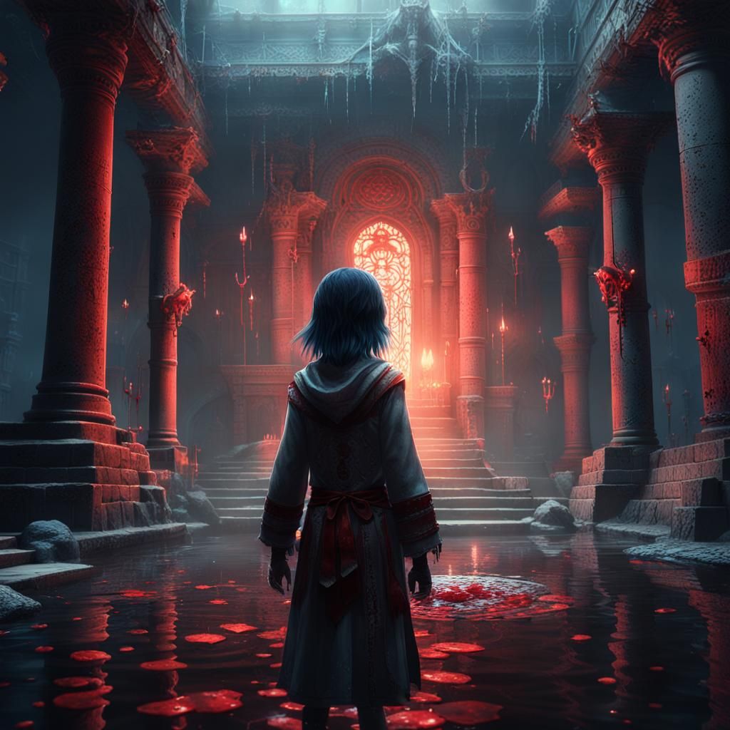 Mystical Girl Summons Water and Blood in Anime Style