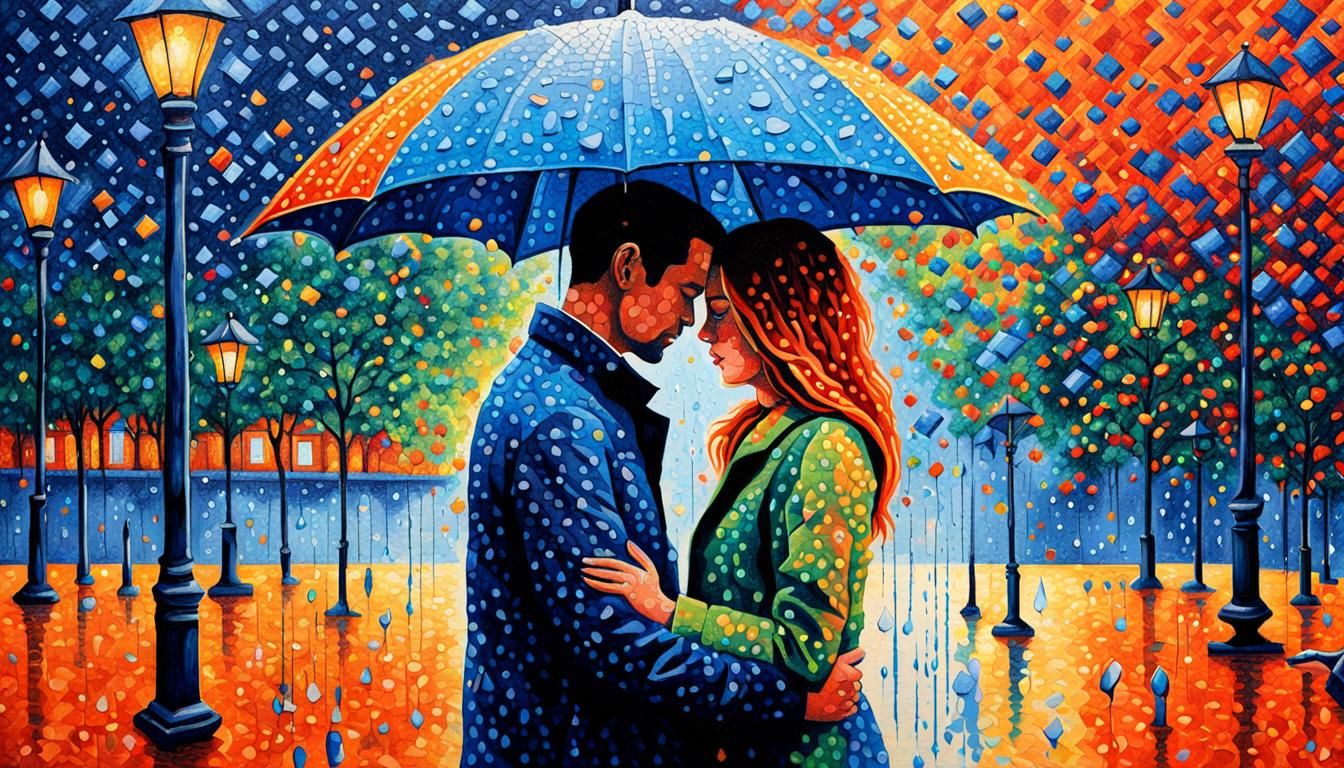 Lovers Protected by Umbrella in Pointillist Rain