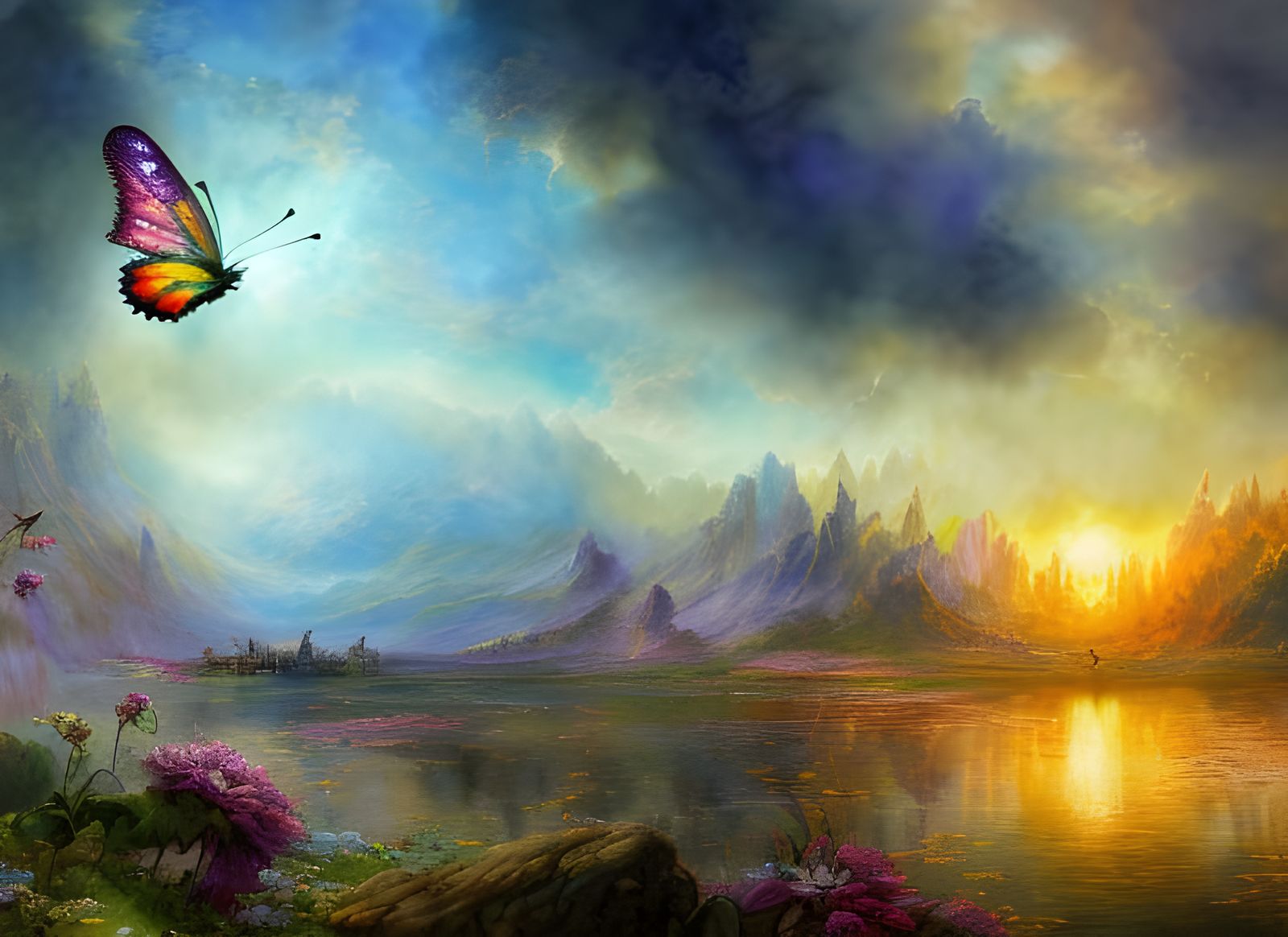 Fantasy Valley Lake in Pastel Watercolor Style