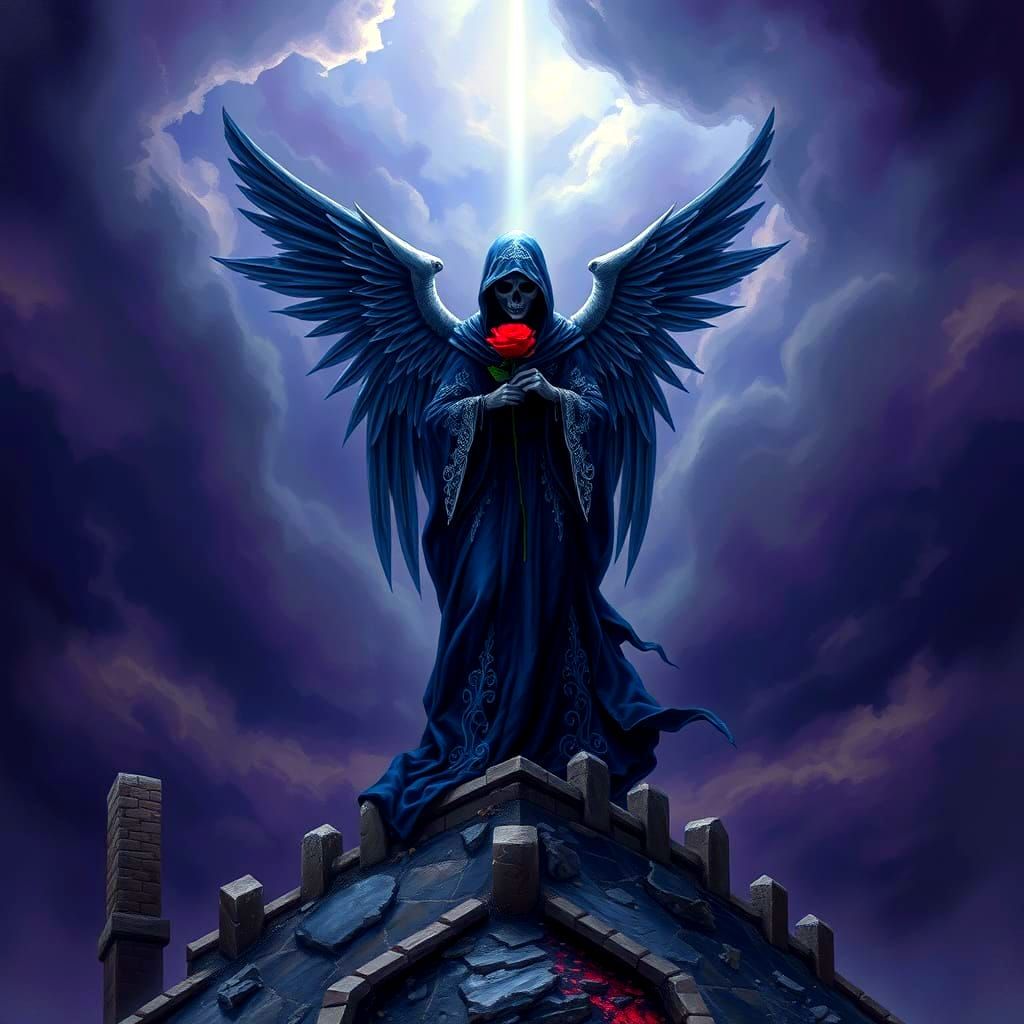 Angel of Death with Rose Over Ancient Ruins