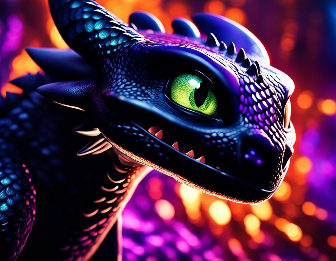 Hyperrealistic Toothless Night Fury with Purple Spine