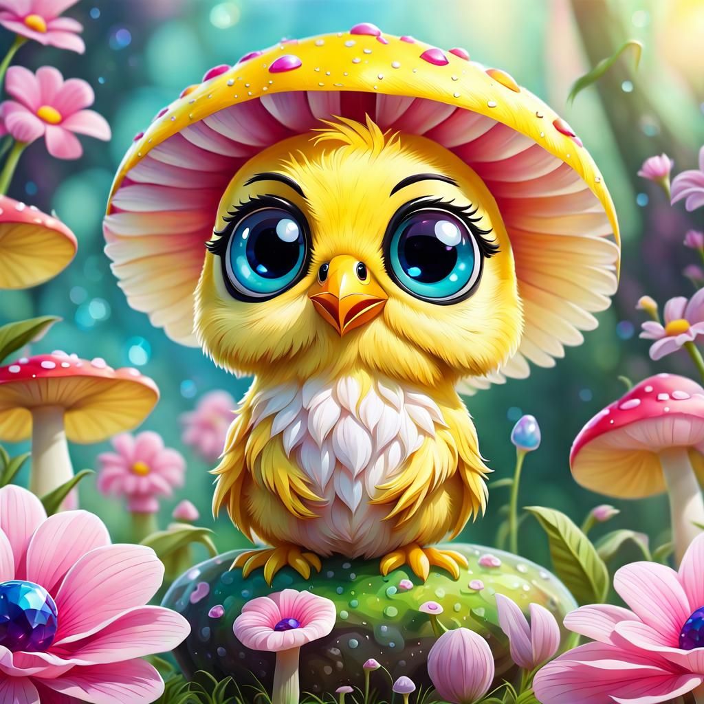 Cute Chibi Bird on Crystal Mushroom with Flowers
