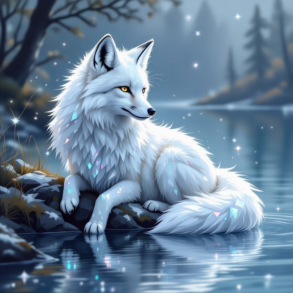 Crystalline Fox on Reflective Lake, Digital Art