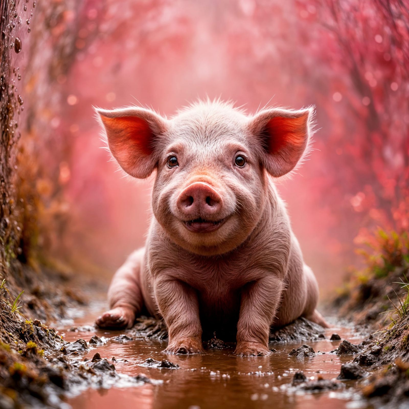Vibrant Pink Pig Basks in Wet Mud Oasis