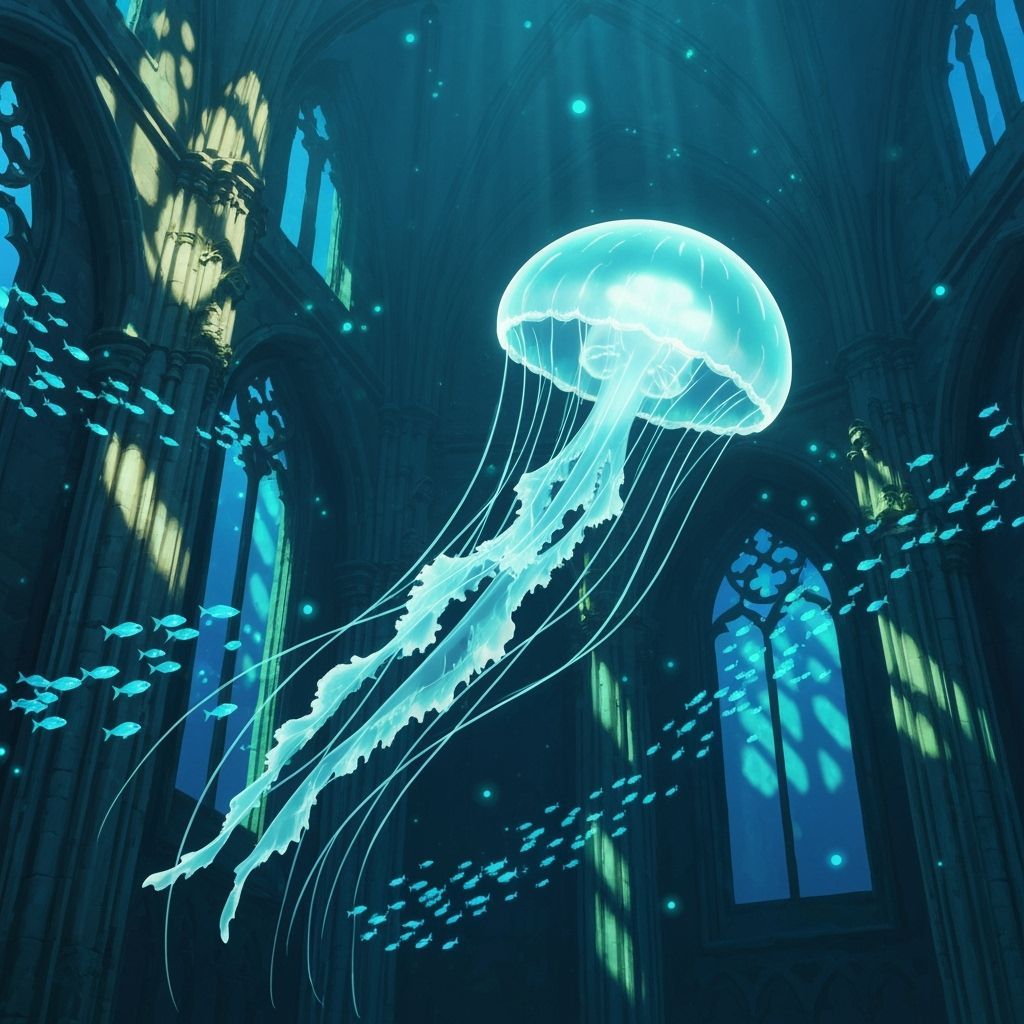 Bioluminescent Jellyfish in Sunken Cathedral, Anime Style