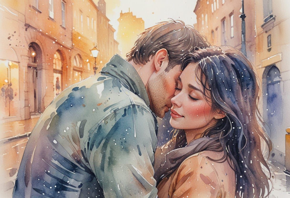 Lovers Embrace in Rainy City, Whimsical Watercolour