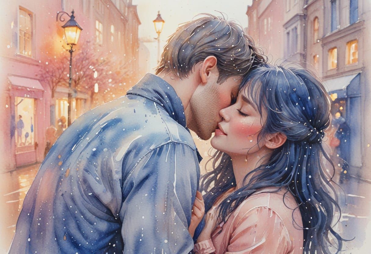 Romantic Lovers Embrace in Rainy City: Watercolour