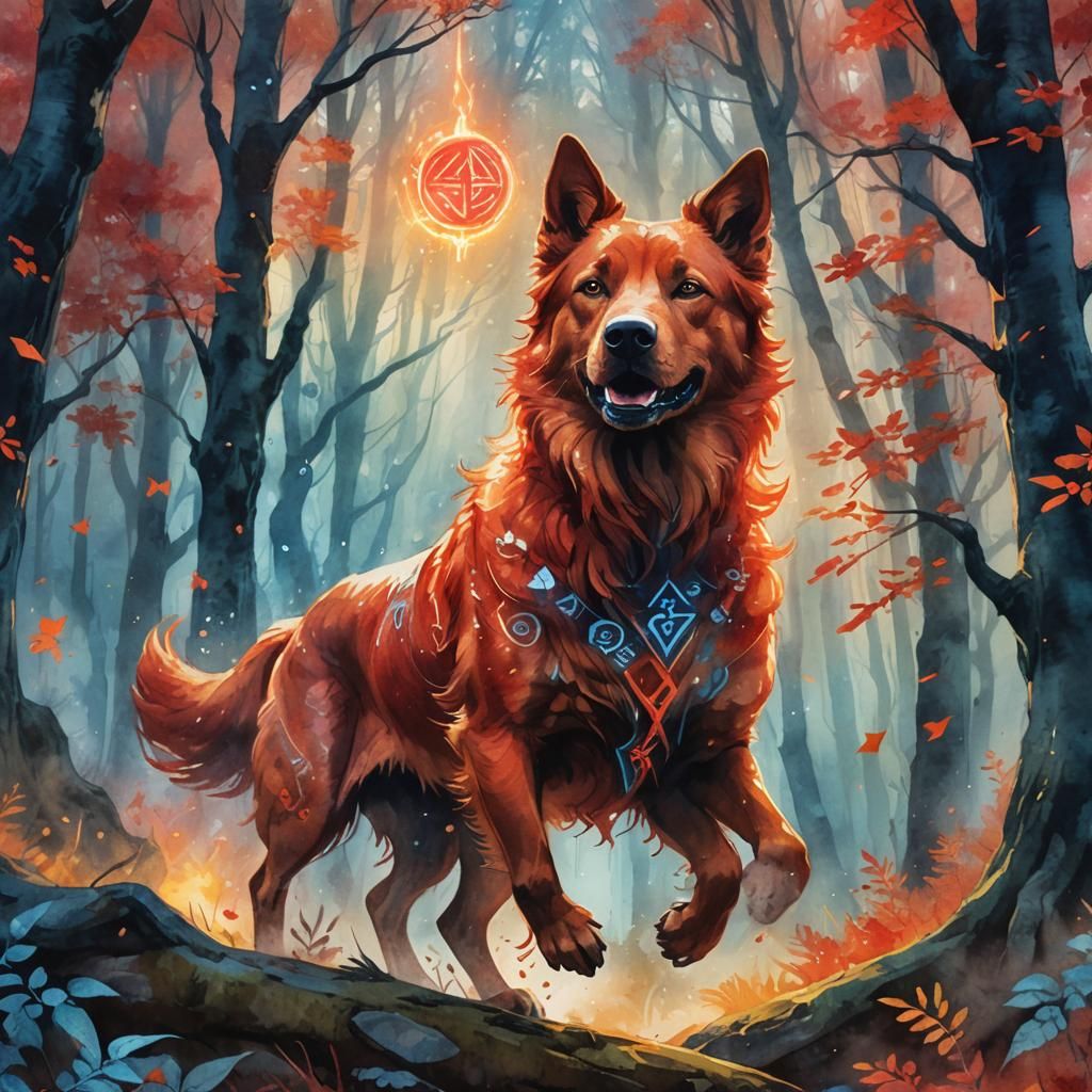 Mystical Red Dog in Ancient Forest Concept Art