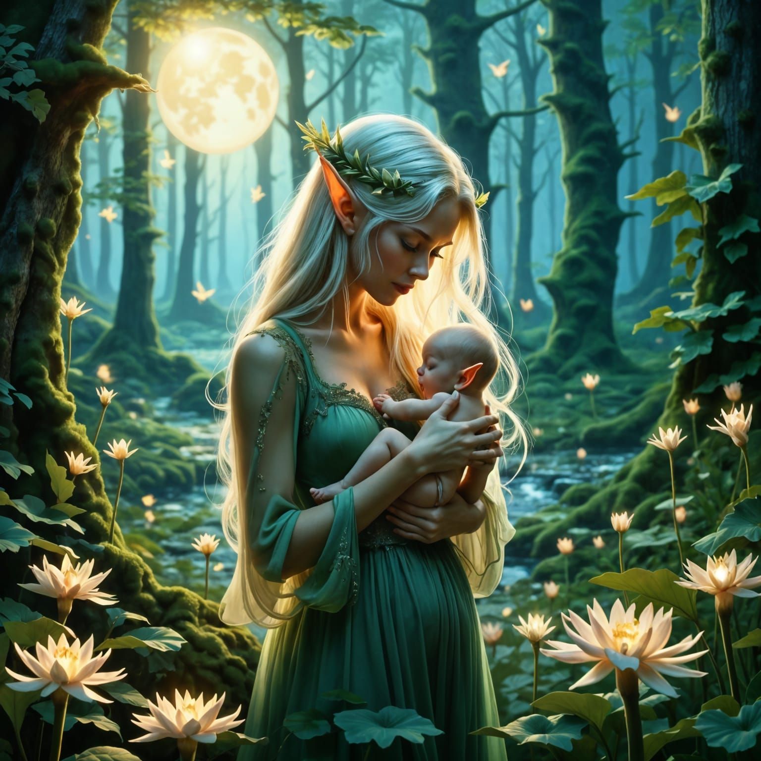 <lora:Elf Style Flux:1.0> Mother and baby elf, hyper-realist...