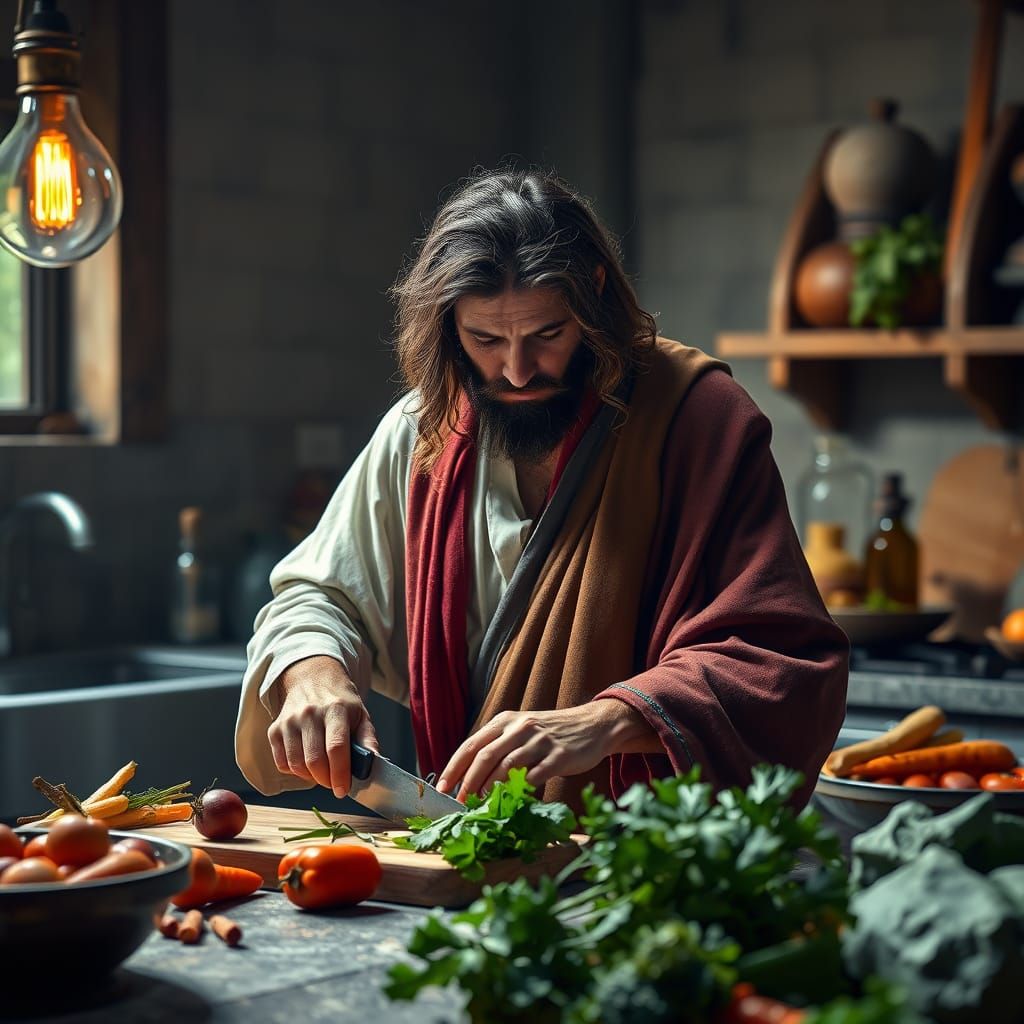 Jesus Cuts Vegetables in Modern Kitchen Oil Painting