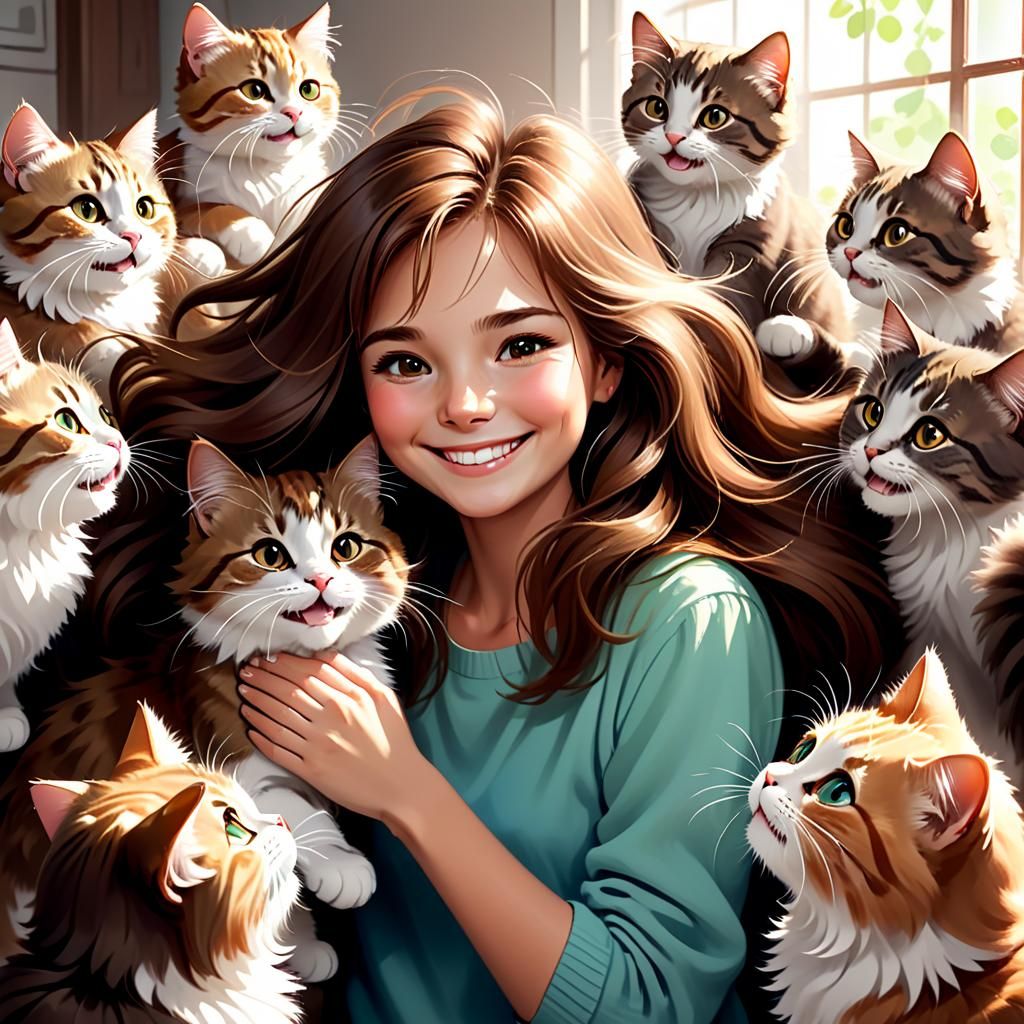 Woman Surrounded by Swarming Fluffy Kittens