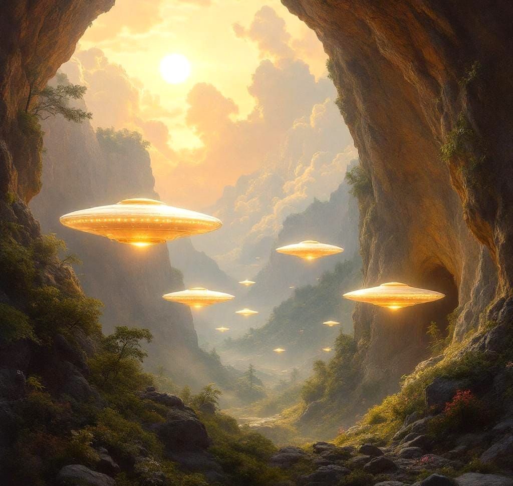Golden Spaceships Emerge in Valley, Oil Painting