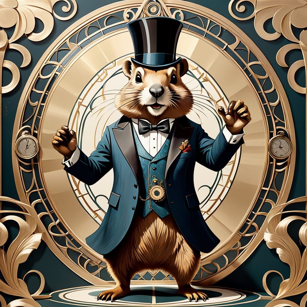Elegant Groundhog Celebrates Groundhog's Day in Art Deco Sty...